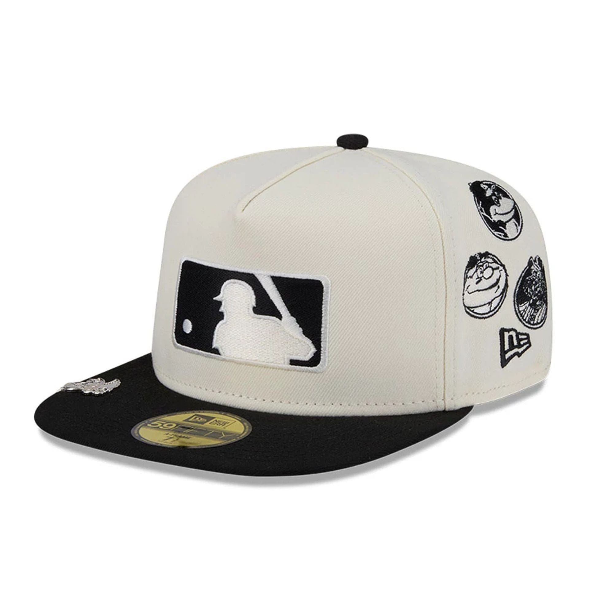 This is a MLB All Over MLB American League Mascots White 59FIFTY A-Frame Fitted Cap 1