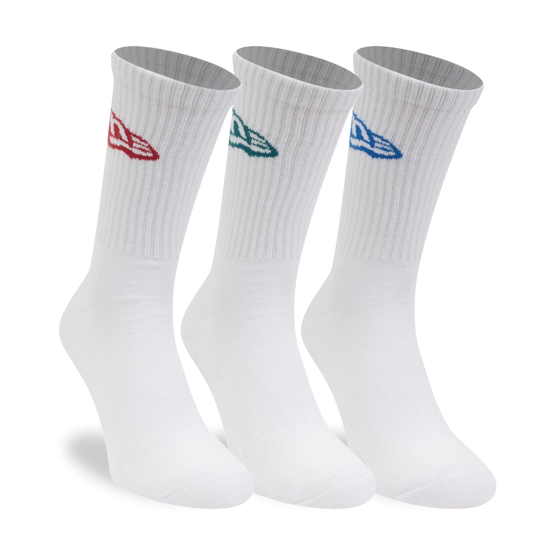 Pictured is this New Era Flag 3 Pack Crew Socks in white. 3