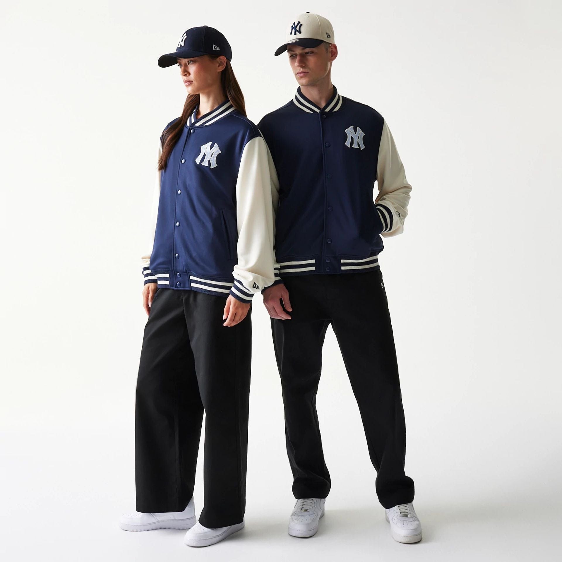The model is wearing this MLB New York Yankees Bomber Jacket in navy. 1
