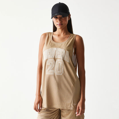 The model is wearing this New Era Mesh Tank Top in light beige. 4