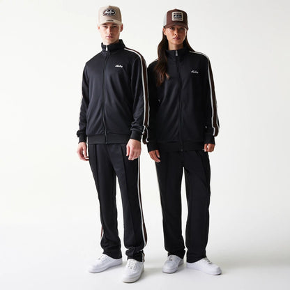 The model is wearing this New Era Script Track Jacket in black. 1