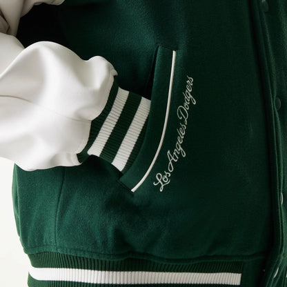 The model is wearing this MLB LA Dodgers Varsity Jacket in dark green. 4