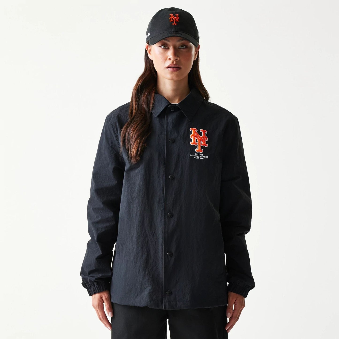The model is wearing this MLB Coaches New York Mets Jacket in black. 4