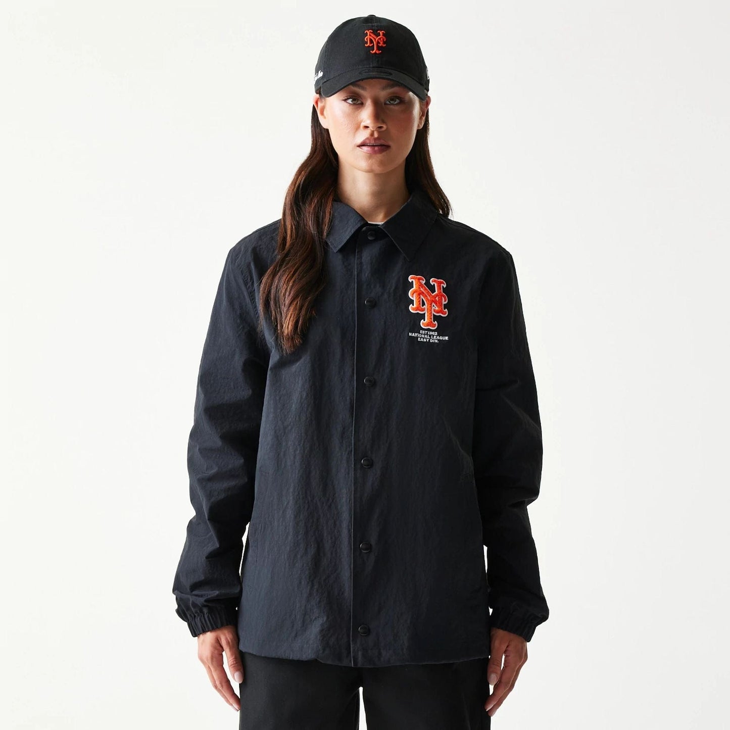 The model is wearing this MLB Coaches New York Mets Jacket in black. 4