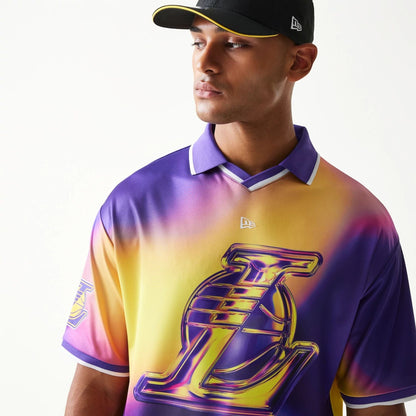 The model is wearing this NBA All Over Print LA Lakers T-Shirt in purple. 4