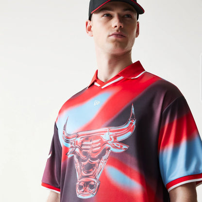 The model is wearing this NBA All Over Print Chicago Bulls T-Shirt in red. 4