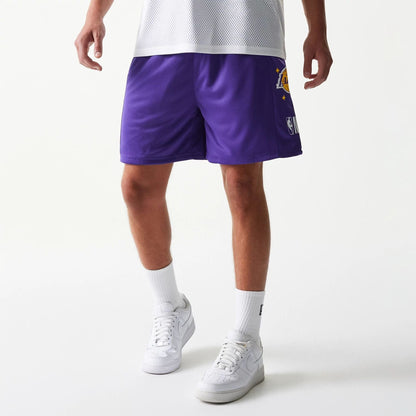 The model is wearing this NBA Mesh LA Lakers Shorts in purple. 1