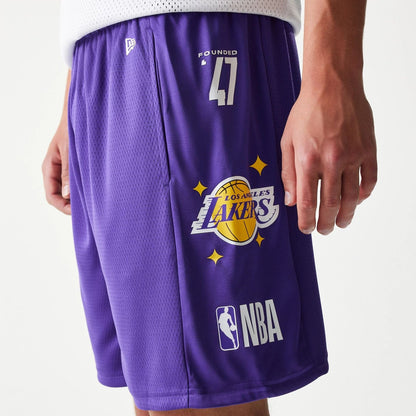 The model is wearing this NBA Mesh LA Lakers Shorts in purple. 6