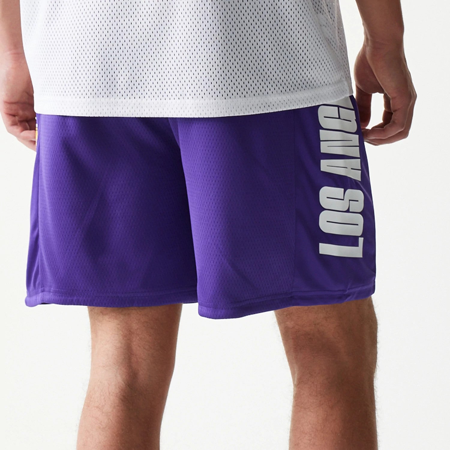 The model is wearing this NBA Mesh LA Lakers Shorts in purple. 7