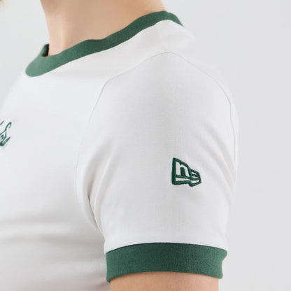 The model is wearing this Womens New Era Cropped Slim T-shirt in white. 5