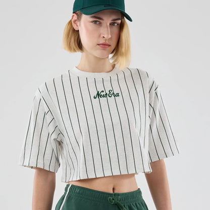 The model is wearing this Womens New Era Pinstripe Cropped T-shirt in pastel grey. 3