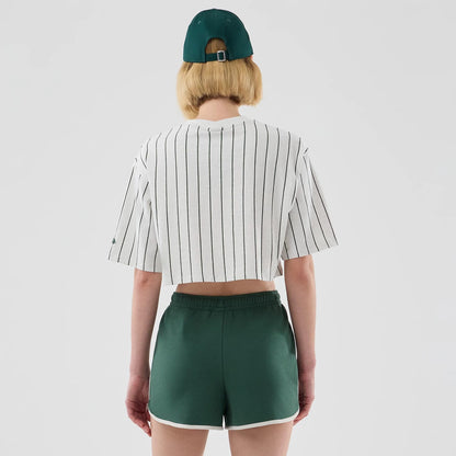 The model is wearing this Womens New Era Pinstripe Cropped T-shirt in pastel grey. 2