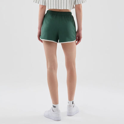 The model is wearing this Womens New Era Track Shorts in dark green. 2
