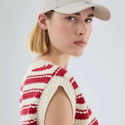 The model is wearing this Womens MLB Knit Stripe New York Yankees Sleeveless  V-neck Sweater in dark red. 5