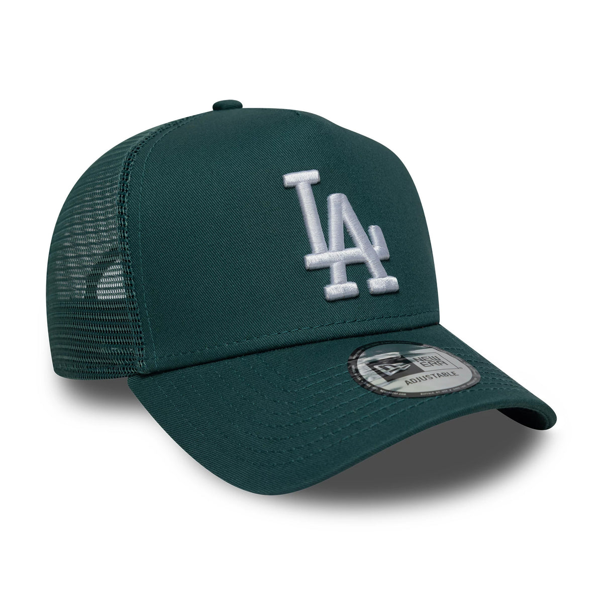 LA Dodgers MLB Dark Green New Era 9FORTY A-Frame Trucker Cap, three-quarter view showing a white embroidered LA logo on the front panel, dark green curved visor with a 9FORTY size sticker, and mesh back panels.