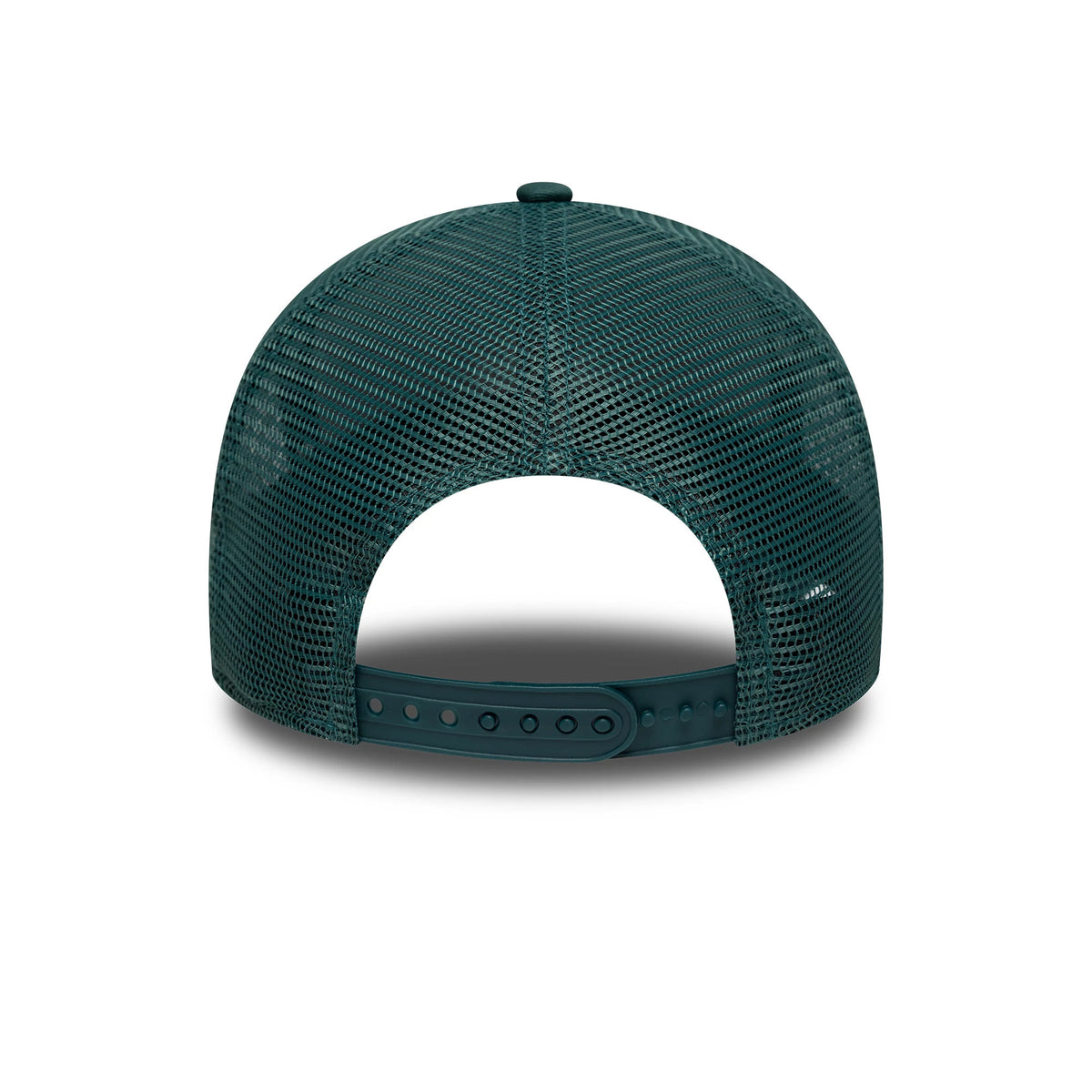 LA Dodgers MLB Dark Green New Era 9FORTY A-Frame Trucker Cap, rear view showing the dark green mesh back panels with an adjustable snap closure, highlighting the structured design of the crown.