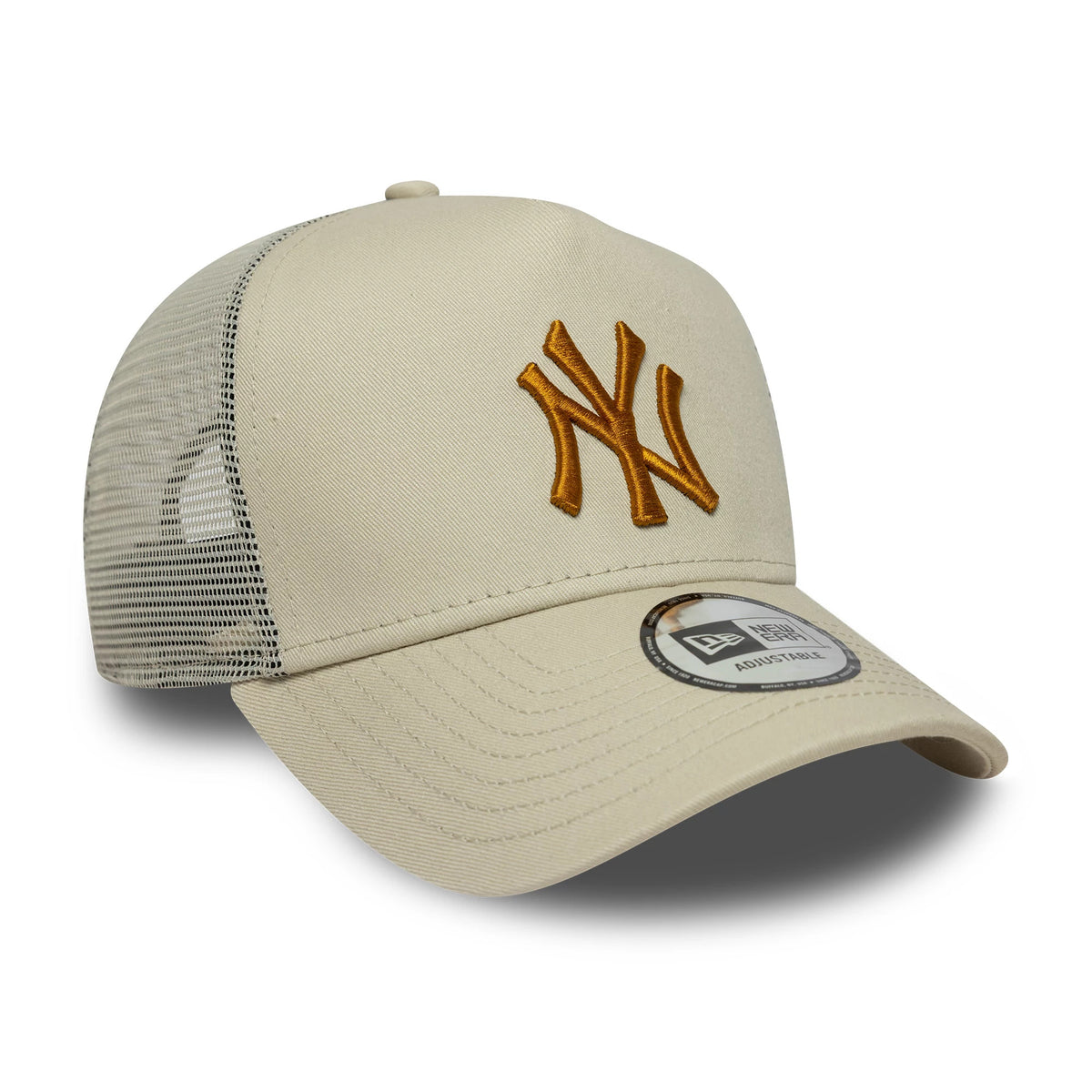 New York Yankees MLB Light Beige New Era 9FORTY A-Frame Trucker Cap, three-quarter view showing the raised brown embroidered NY logo on the front panel, a matching beige curved visor with a 9FORTY size sticker, and light mesh side panels.