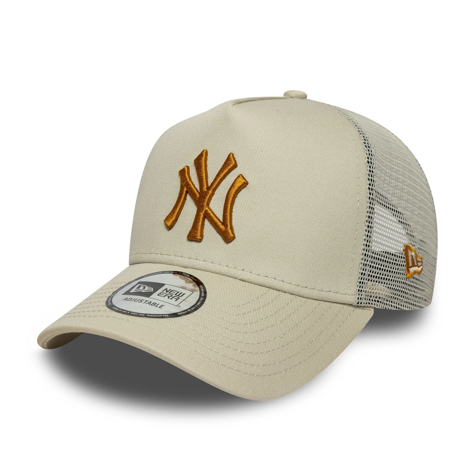 Pictured is this MLB League Essential New York Yankees 9FORTY A-Frame Trucker in light beige. 1