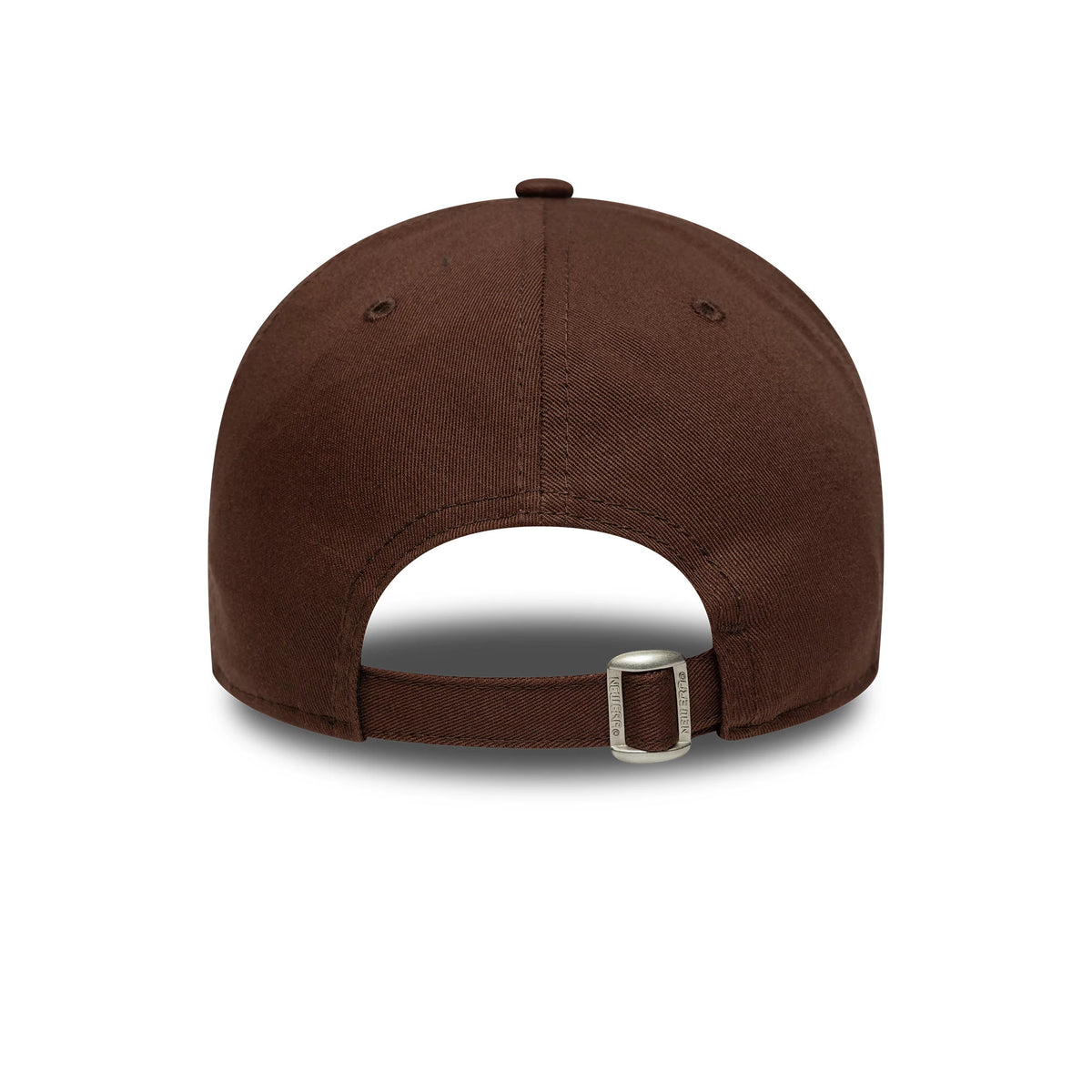 New York Yankees MLB Team Outline Brown New Era 9FORTY Cap, rear view showing a curved visor and adjustable strap with a buckle for a personalised fit on the brown structured crown.