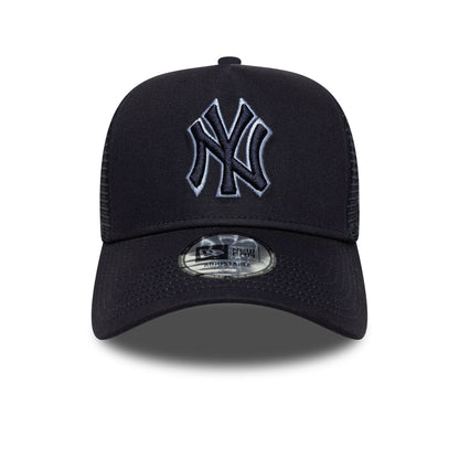 Pictured is this MLB Outline New York Yankees 9FORTY E-Frame Trucker in navy. 2