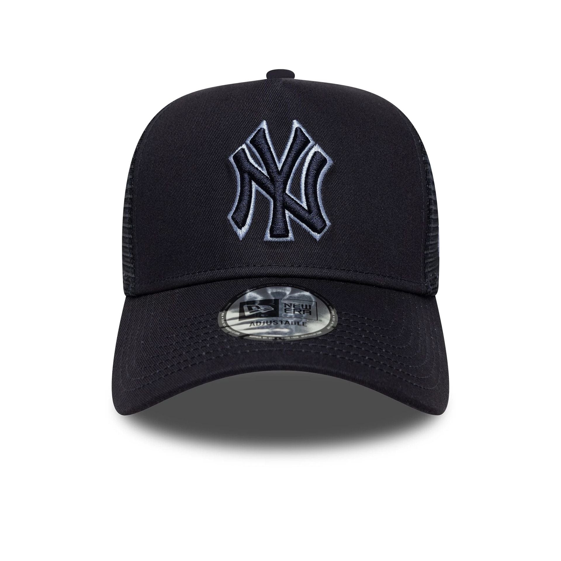 Pictured is this MLB Outline New York Yankees 9FORTY E-Frame Trucker in navy. 2