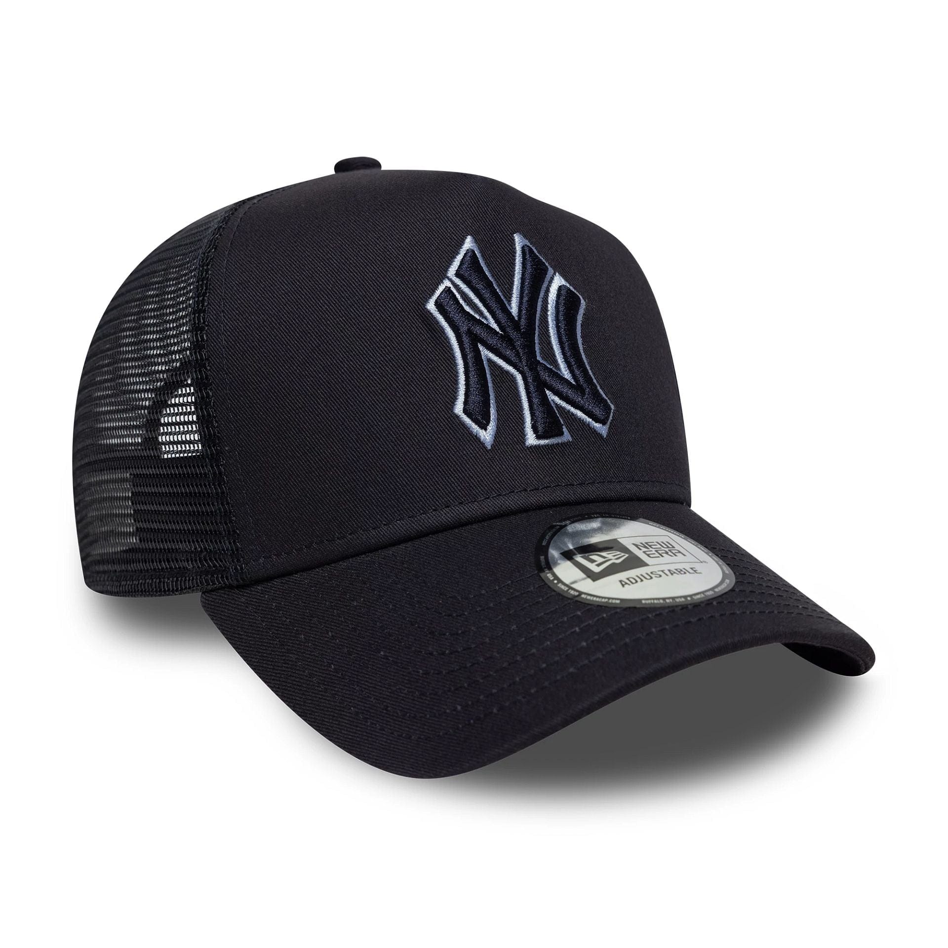 Pictured is this MLB Outline New York Yankees 9FORTY E-Frame Trucker in navy. 3