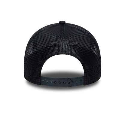 New York Yankees MLB Outline Navy New Era 9FORTY E-Frame Trucker Cap, rear view showing the mesh back panels and adjustable navy snap closure beneath the black top button, highlighting the classic trucker design.