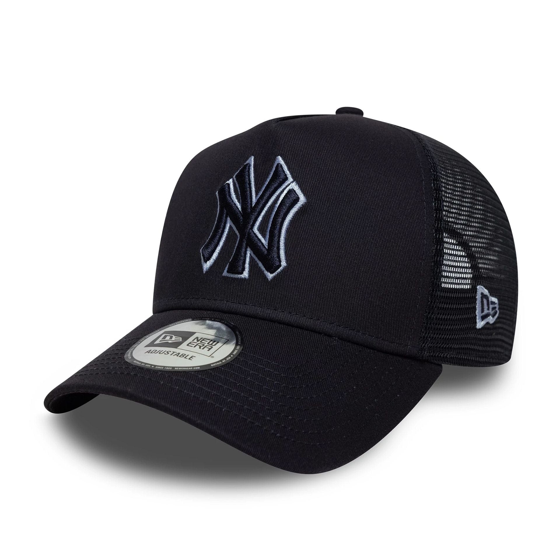 Pictured is this MLB Outline New York Yankees 9FORTY E-Frame Trucker in navy. 1