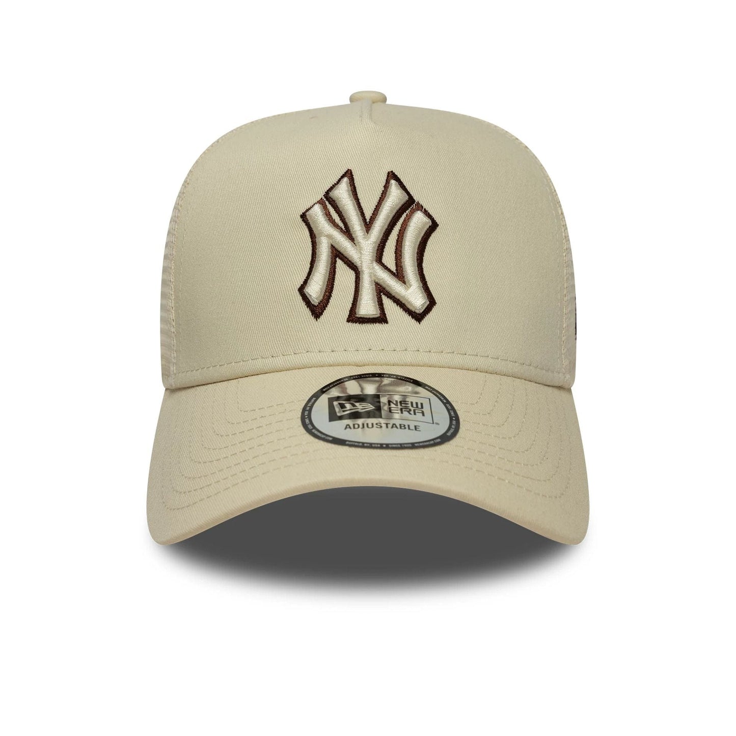 Pictured is this MLB Outline New York Yankees 9FORTY E-Frame Trucker in Cream. 2