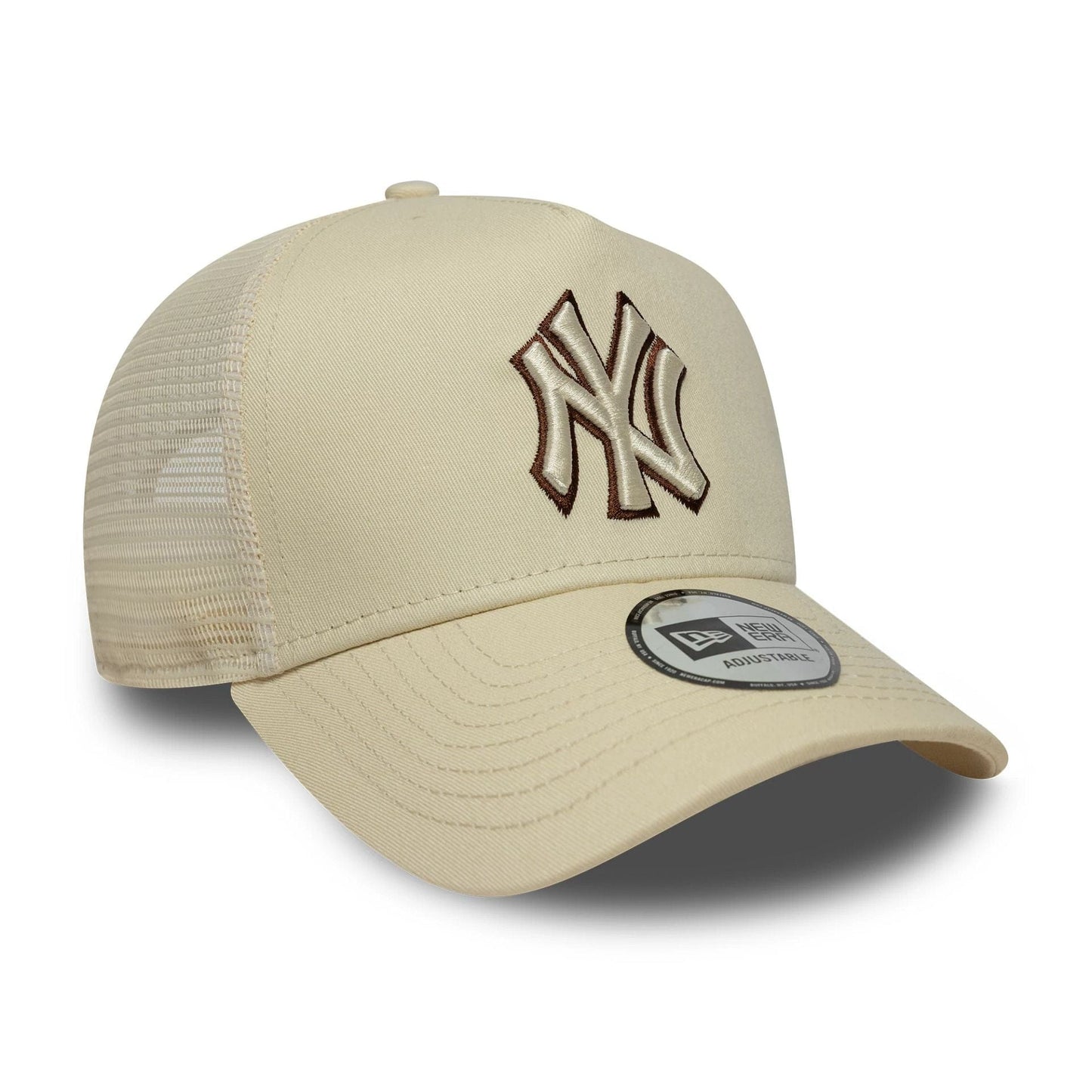 Pictured is this MLB Outline New York Yankees 9FORTY E-Frame Trucker in Cream. 3