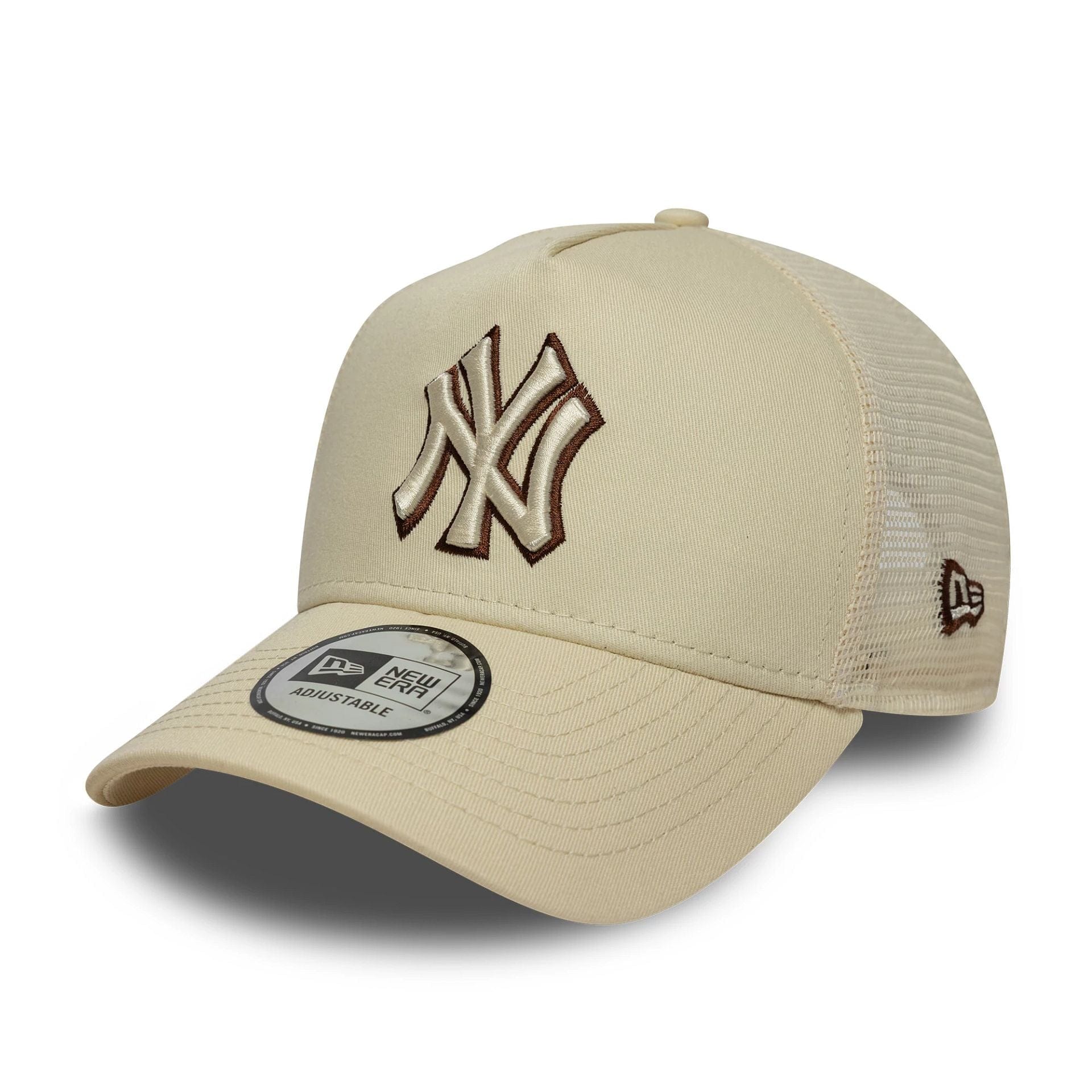 Pictured is this MLB Outline New York Yankees 9FORTY E-Frame Trucker in Cream. 1