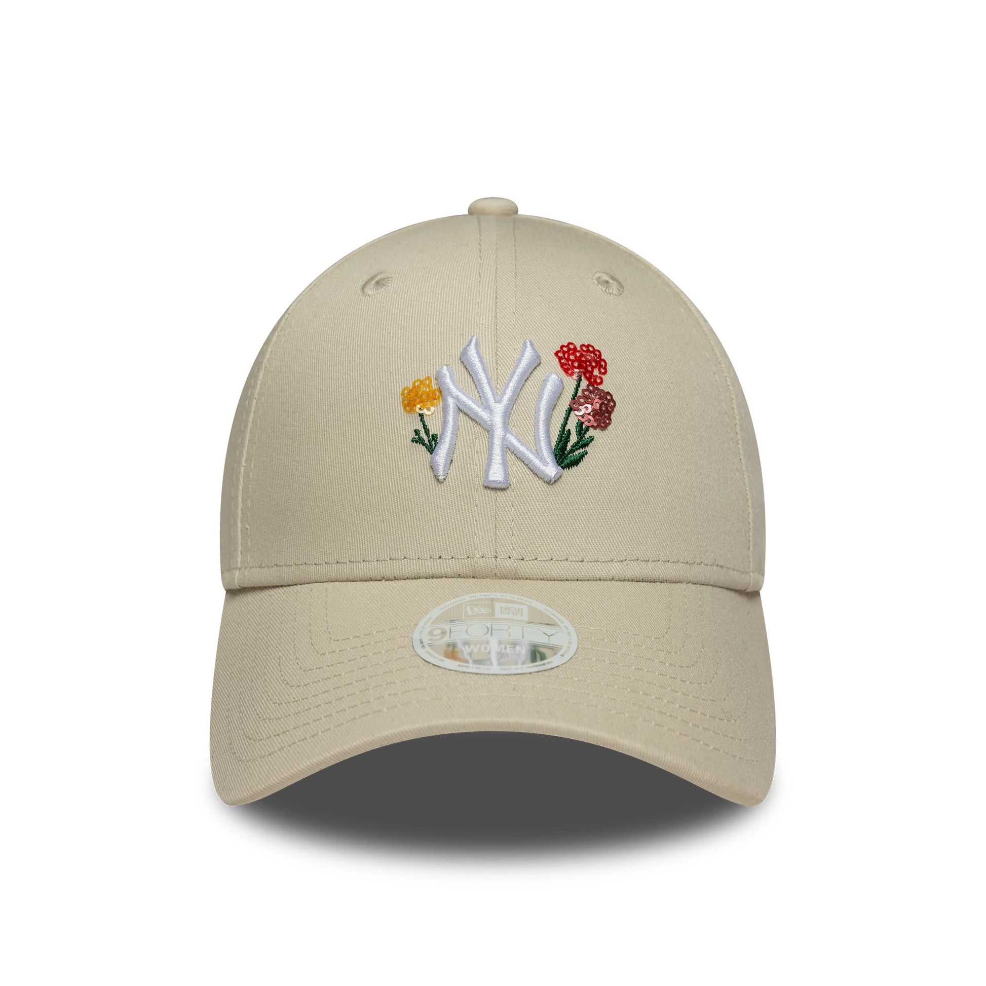 Pictured is this Womens MLB Floral New York Yankees 9FORTY in light beige. 2