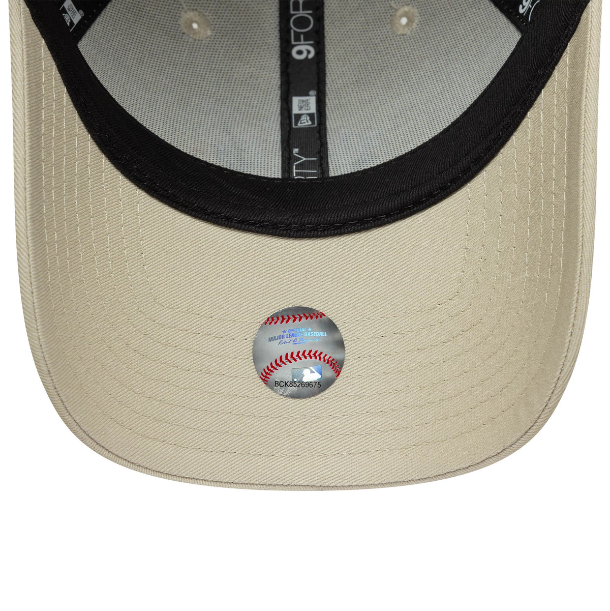 New York Yankees Womens MLB Floral Light Beige New Era 9FORTY Cap, inside view showing black sweatband, beige undervisor, and three black taping strips with the 9FORTY label in white, along with a baseball sticker on the centre.