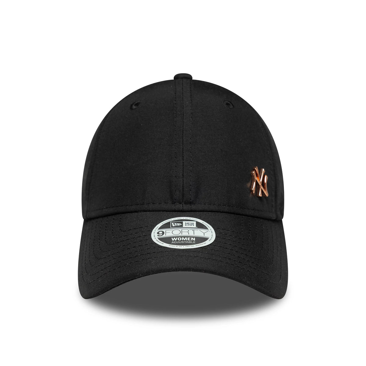 New York Yankees Womens MLB Flawless Black New Era 9FORTY Cap, front view showing a raised rose gold embroidered NY logo on the right front panel, curved black visor, and 9FORTY size sticker on the visor.