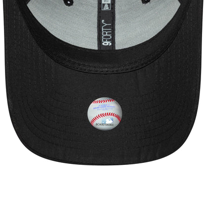 New York Yankees Womens MLB Flawless Black New Era 9FORTY Cap, inside view showing the grey sweatband, branded interior taping with the 9FORTY label, and a detailed baseball sticker on the black undervisor.