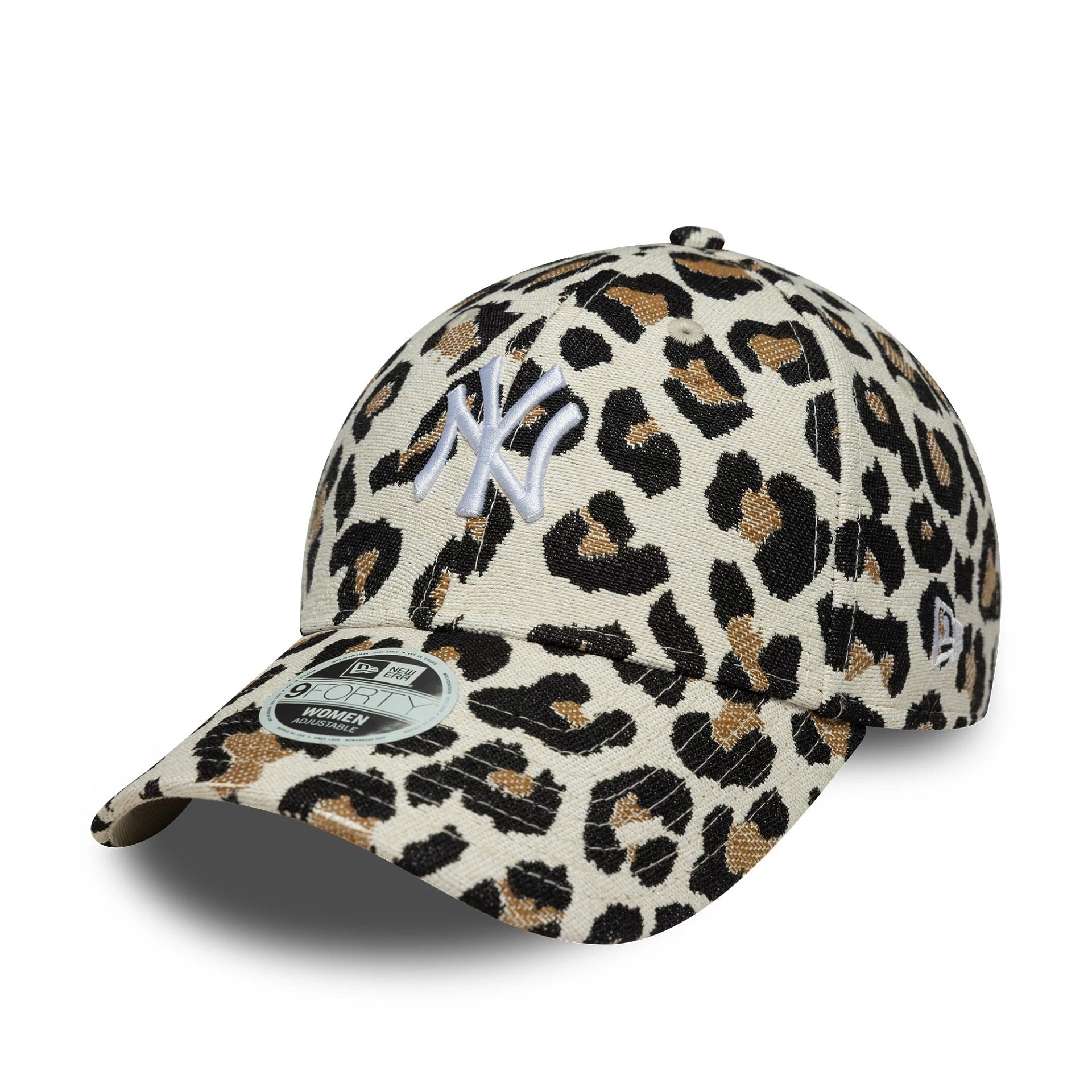 Pictured is this Womens MLB Leopard Midi New York Yankees 9FORTY in light beige. 1