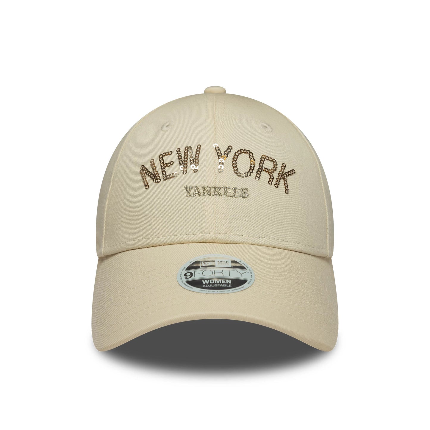 Pictured is this Womens MLB Sequin Wordmark New York Yankees 9FORTY in light beige. 2