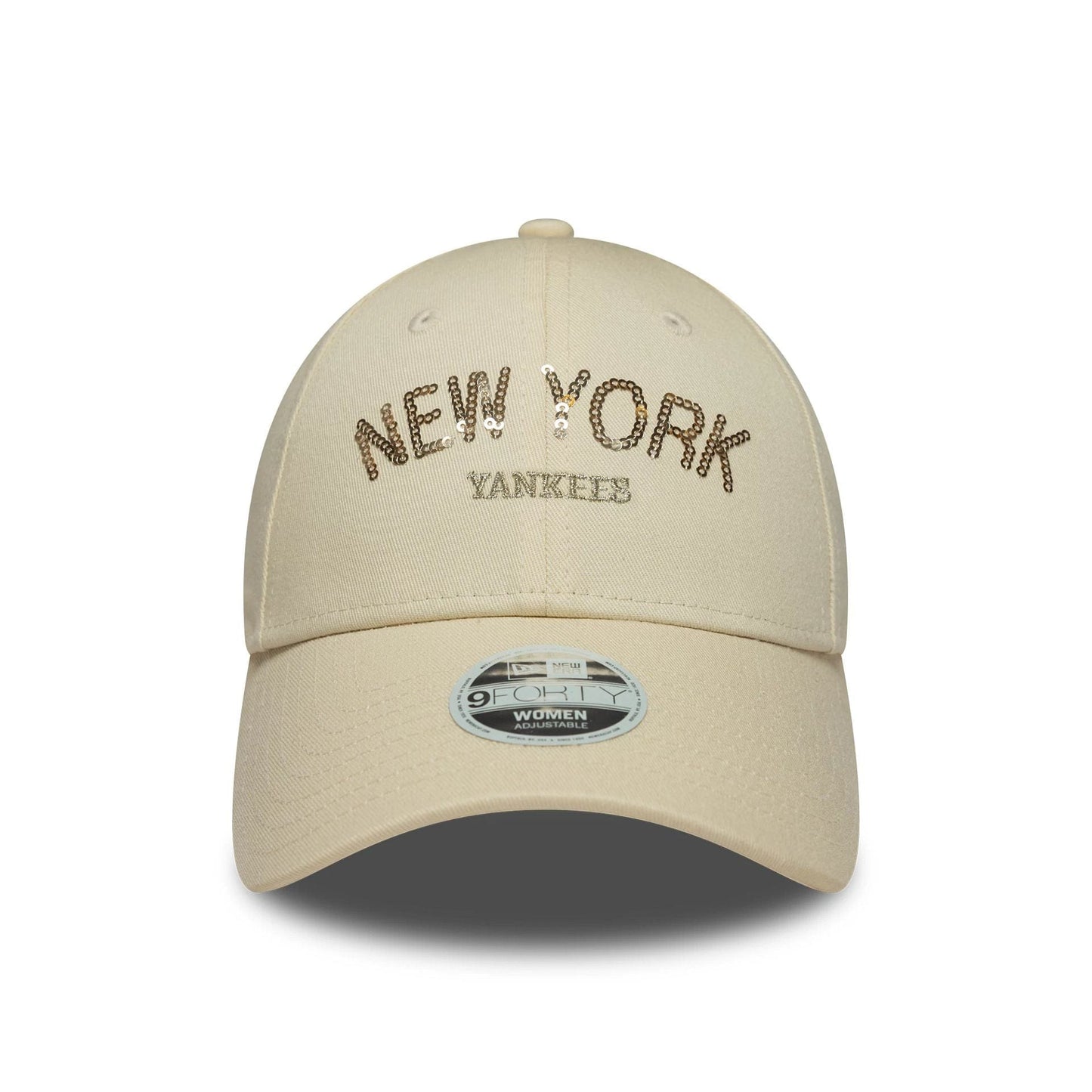 Pictured is this Womens MLB Sequin Wordmark New York Yankees 9FORTY in light beige. 2