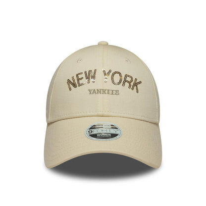 Pictured is this Womens MLB Sequin Wordmark New York Yankees 9FORTY in light beige. 2