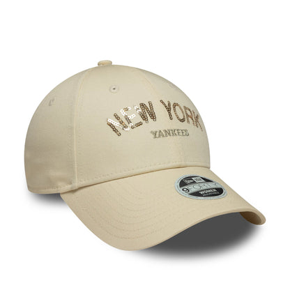 Pictured is this Womens MLB Sequin Wordmark New York Yankees 9FORTY in light beige. 3