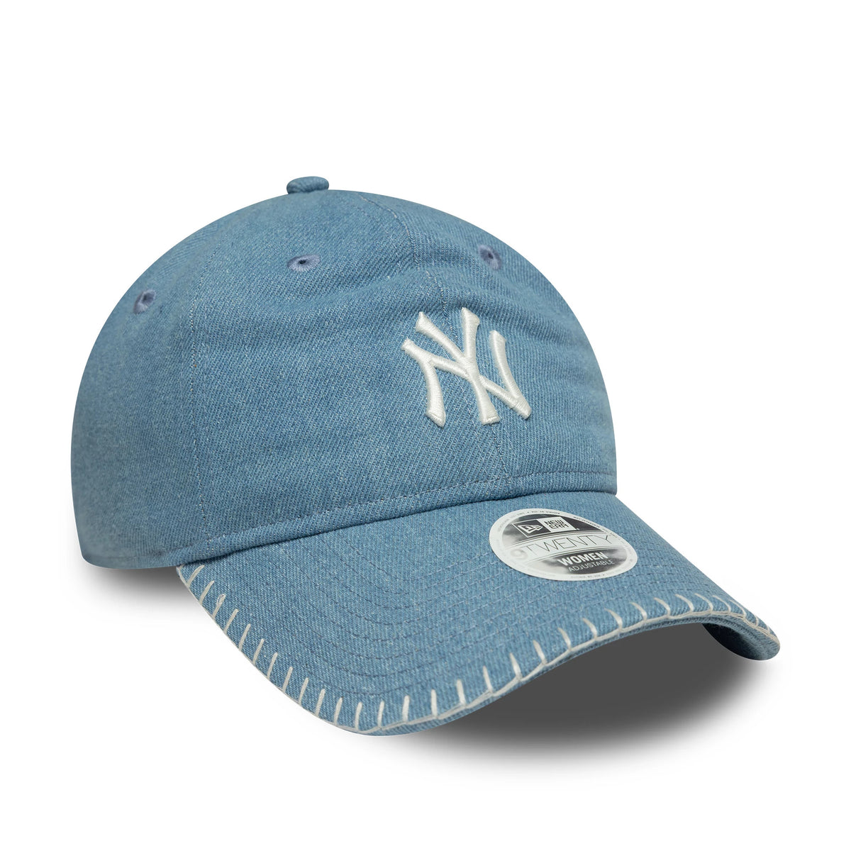 New York Yankees Womens MLB Denim Stitch Pastel Blue New Era 9TWENTY Cap, three-quarter view showing the white embroidered NY logo on the front panel, a curved visor with white stitching, and an attached 9TWENTY size sticker.