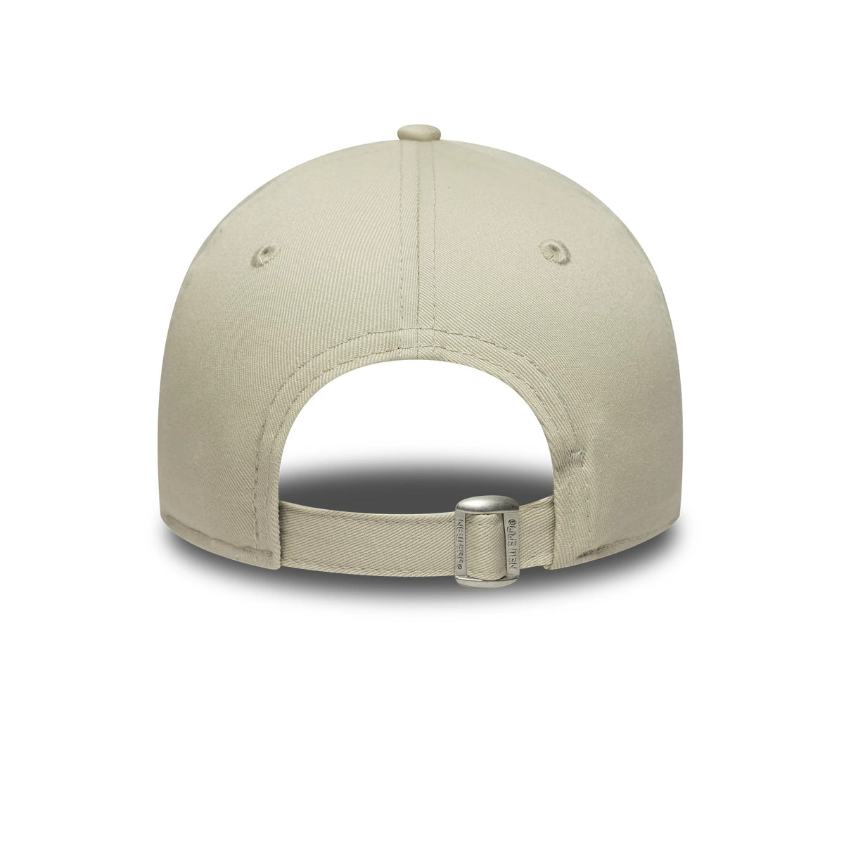 New York Yankees Youth MLB Light Beige New Era 9TWENTY Cap, rear view showing the curved opening with a light beige fabric strap and buckle for adjustable fit, and a top button matching the structured crown.