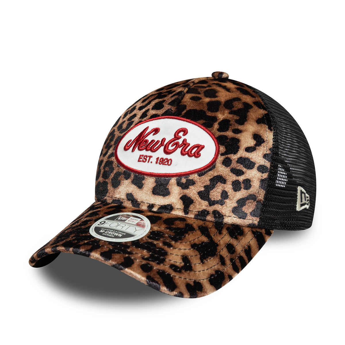Womens New Era Leopard Light Beige 9FORTY M-Crown A-Frame Trucker Cap, three-quarter view showing a large red and white New Era logo patch on the front panel, black mesh side panels, and a 9FORTY size sticker on the curved leopard print visor.
