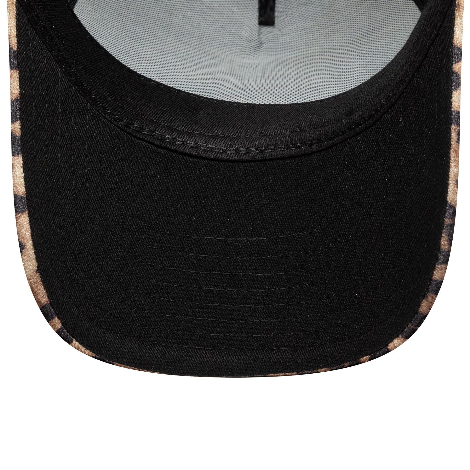 Pictured is this Womens New Era Leopard 9FORTY M-Crown A-Frame Trucker in light beige. 5