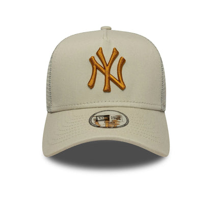Pictured is this Youth MLB League Essential New York Yankees 9FORTY A-Frame Trucker in light beige. 2