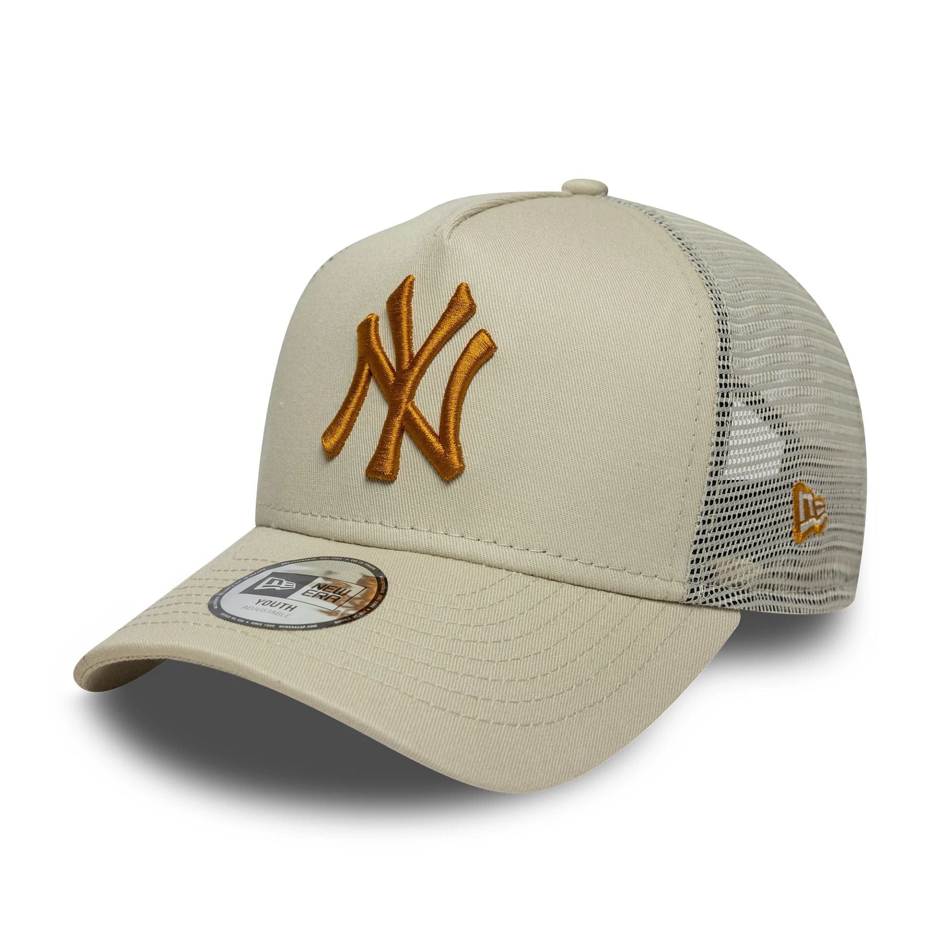 Pictured is this Youth MLB League Essential New York Yankees 9FORTY A-Frame Trucker in light beige. 1