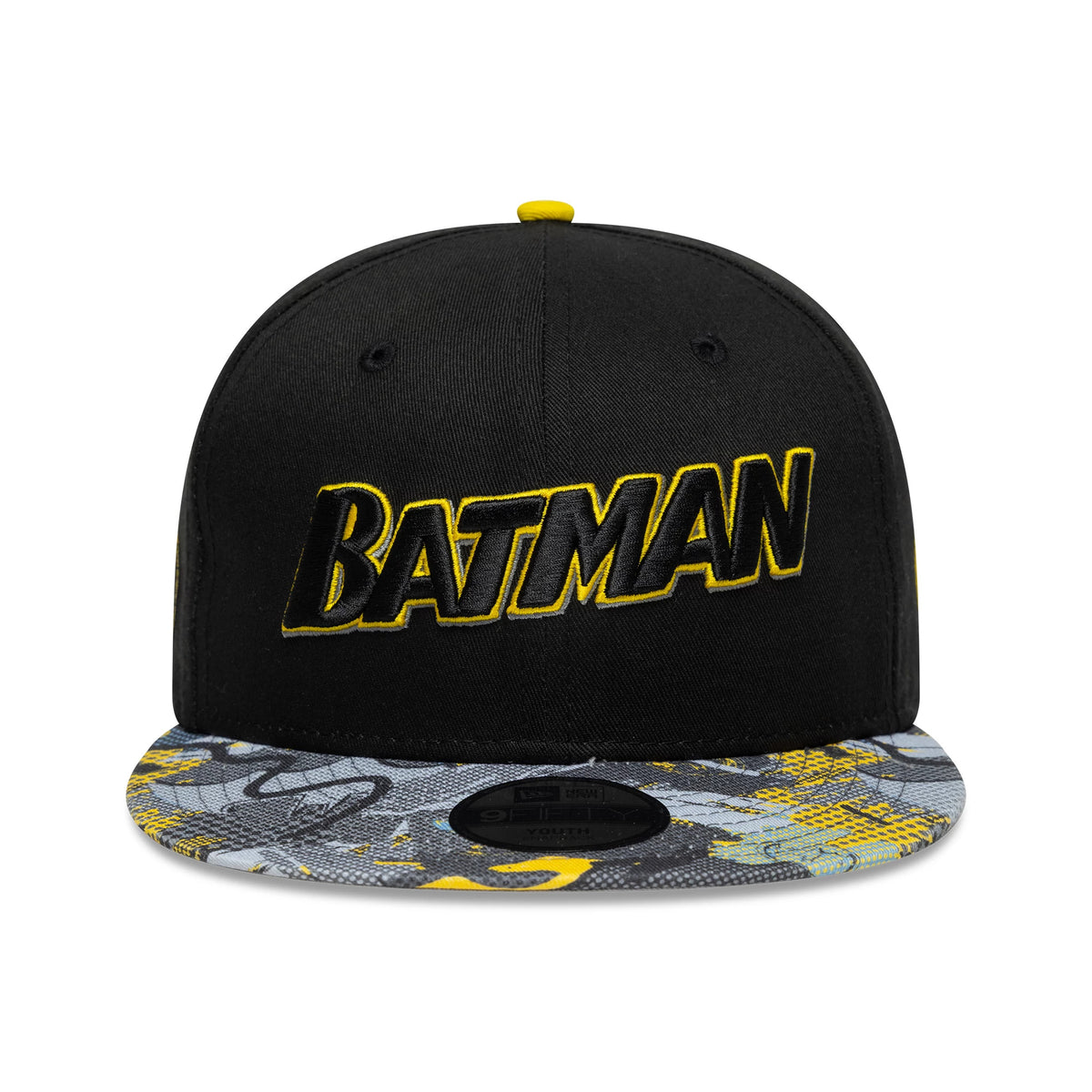 Youth DC Batman Black New Era 9FIFTY Snapback Cap, front view showing raised black and yellow Batman lettering embroidered on the crown with a grey patterned visor featuring yellow accents and a 9FIFTY size sticker.