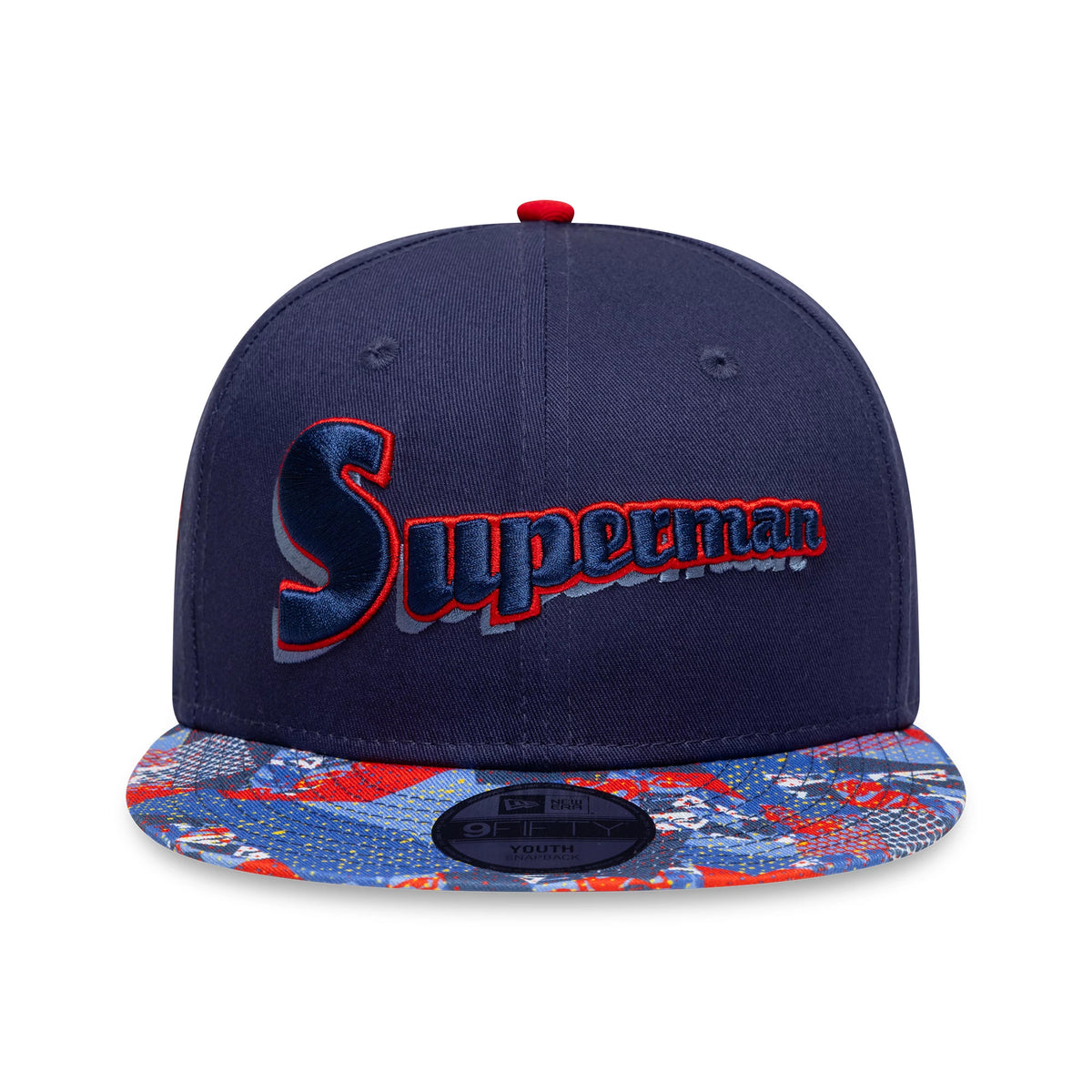 Youth DC Superman Navy New Era 9FIFTY Snapback Cap, front view showing raised Superman script logo in blue and red embroidery on the front panel, and a print on the flat visor with a 9FIFTY size sticker.