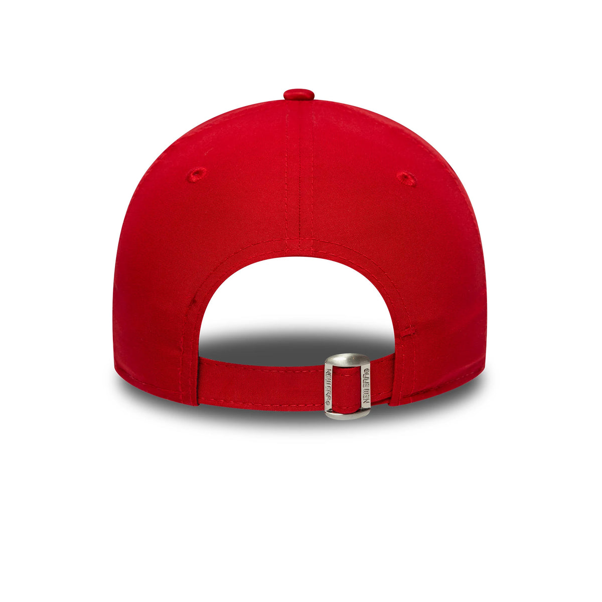 New York Yankees Youth MLB Flawless Red New Era 9FORTY Cap, rear view showing the adjustable strap with a buckle, highlighted against the structured red crown with matching top button and embroidered eyelets.