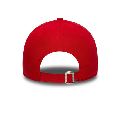 New York Yankees Youth MLB Flawless Red New Era 9FORTY Cap, rear view showing the adjustable strap with a buckle, highlighted against the structured red crown with matching top button and embroidered eyelets.